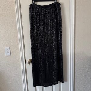 Oleg Cassini Black Sequin Maxi Skirt with Slit 100% silk – Elegant Eveningwear